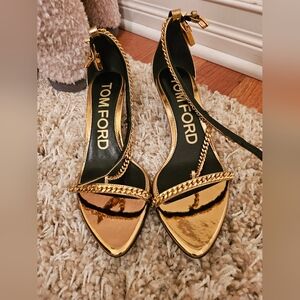 Tom Ford Gold Chain Strap Heels Padlock 55mm Metallic 37 7